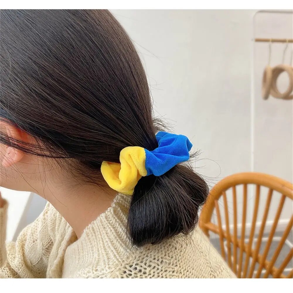 Handmade Elastic Hair Scrunchie, Blue and Yellow Hair Band